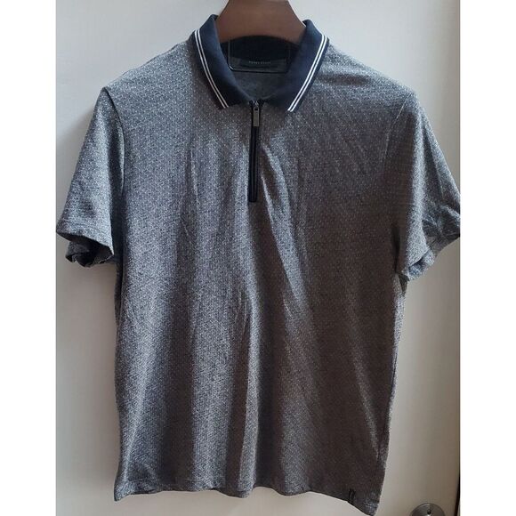 Perry Ellis Men's LG Polo Shirt Black/ White Dobby Pattern Metal Zip Pull - Picture 3 of 15